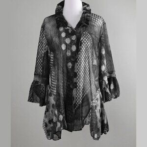 Damee Inc. Mesh Stretch Jacket Top Ruffle Collar Polka Dot Size Medium